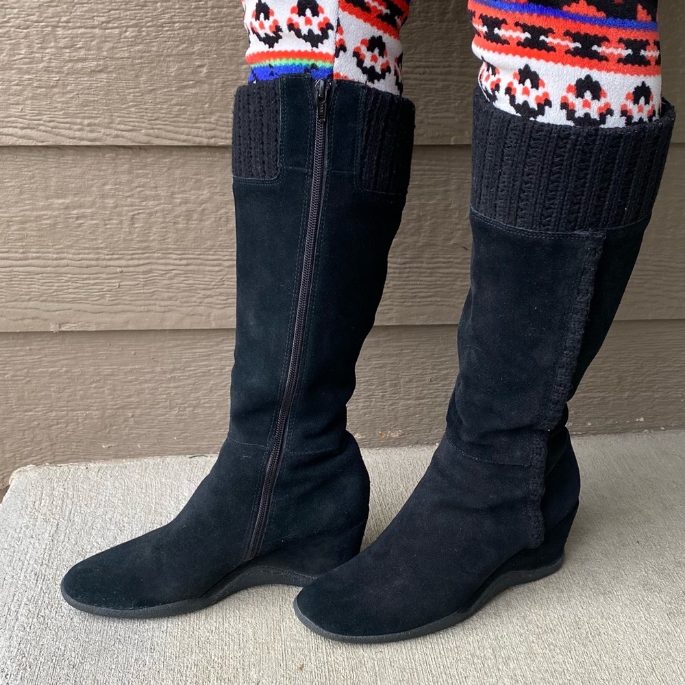 A.N.A Black Suede Side Zip Tall Wedge Boots, women size 8